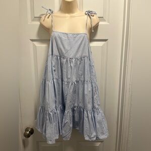 Seafolly Blue White Striped Tiered Cotton Mini Dress - Small - EUC